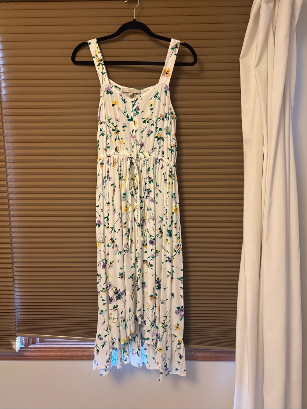 LOFT White Floral Dress with Yellow, Purple & Green Print